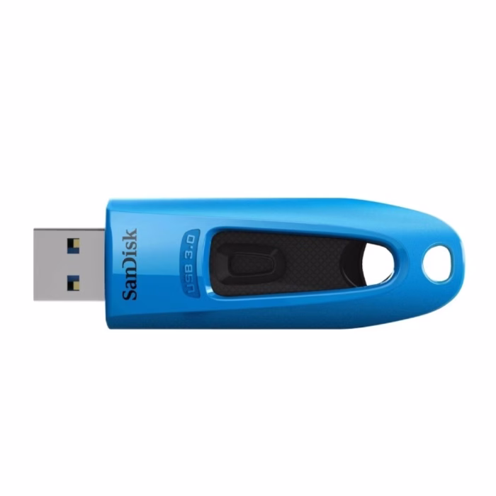 แฟลชไดร์ฟ SanDisk Ultra USB 3.0 ขนาด 32GB รุ่น SDCZ48 สีฟ้า ด้านบนตรง โชว์บอดี้ทรงเพรียว ปุ่มเลื่อนสไลด์ และช่องร้อยสาย