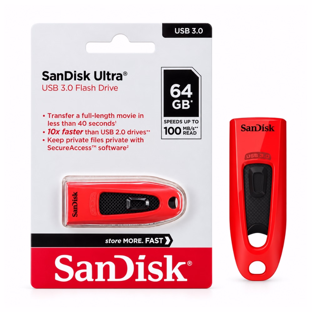 แฟลชไดร์ฟ SanDisk Ultra 32GB สีแดง USB 3.0 รุ่น SDCZ48 สไลด์เก็บหัวได้ ความเร็ว 100MB/s วางคู่กับแผงแพ็กเกจ ร้านเควีซี คอมพิวเตอร์