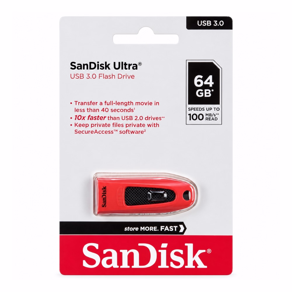 แพ็กเกจแฟลชไดร์ฟ SanDisk Ultra 32GB สีแดง USB 3.0 รุ่น SDCZ48 ด้านหน้าตรง ระบุความเร็วอ่าน 100MB/s และซอฟต์แวร์ SecureAccess