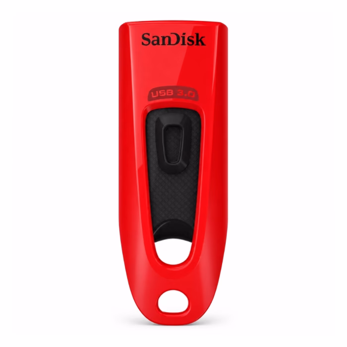 sandisk-ultra-sdcz48-32gb-red-3 แฟลชไดร์ฟ SanDisk Ultra 32GB สีแดง รุ่น SDCZ48 มุมมองแนวตั้ง โชว์บอดี้สีแดง ปุ่มเลื่อนสไลด์สีดำ และช่องคล้องกุญแจ