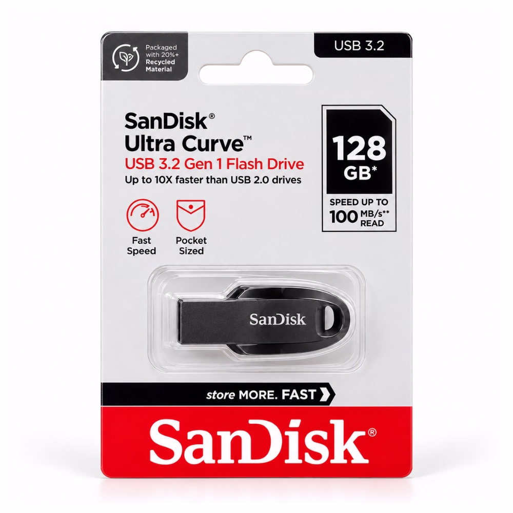 แพ็กเกจแฟลชไดร์ฟ SanDisk Ultra Curve 128GB USB 3.2 Gen 1 รุ่น SDCZ550 ระบุความเร็วอ่าน 100MB/s ขนาดพกพา Pocket Sized