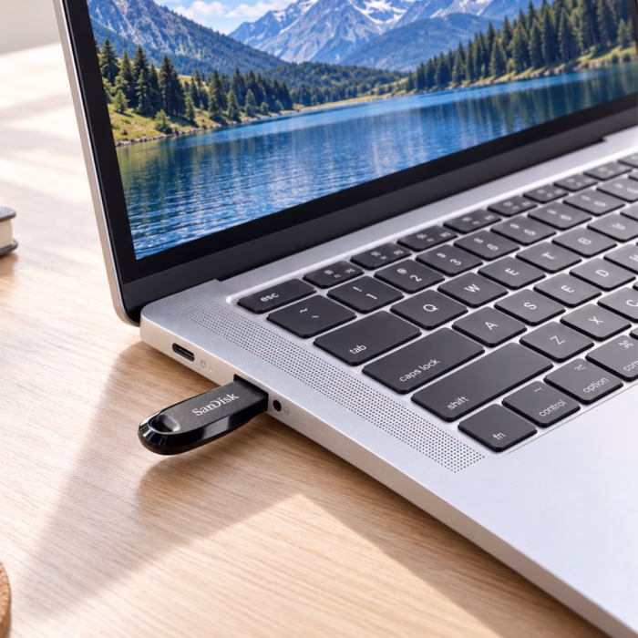 sandisk-ultra-sdcz550-curve-128gb-4 ภาพการใช้งานแฟลชไดร์ฟ SanDisk Ultra Curve 128GB สีดำ เสียบเข้ากับพอร์ต USB ของแล็ปท็อปบนโต๊ะทำงาน