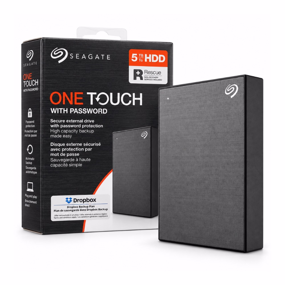 seagate-one-touch-1tb-black-external-hdd-1 ฮาร์ดดิสก์พกพา Seagate One Touch with Password 1TB สีดำ วางคู่กับกล่องบรรจุภัณฑ์ รองรับระบบล็อกรหัสผ่านและบริการกู้ข้อมูล Rescue