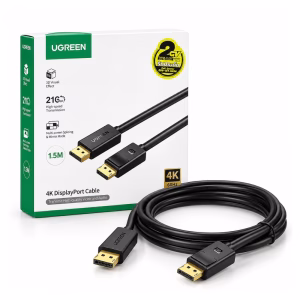 สายต่อจอ DisplayPort to DisplayPort UGREEN รุ่น 10245 ยาว 1.5 เมตร รองรับ 4K 60Hz วางคู่กับกล่องบรรจุภัณฑ์ ร้านเควีซี คอมพิวเตอร์