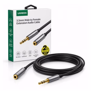 สายต่อความยาวหูฟัง AUX 3.5 มม. UGREEN รุ่น 10594 ยาว 2 เมตร ตัวผู้-ตัวเมีย หัวชุบทอง วางคู่กับกล่องบรรจุภัณฑ์ ร้านเควีซี คอมพิวเตอร์