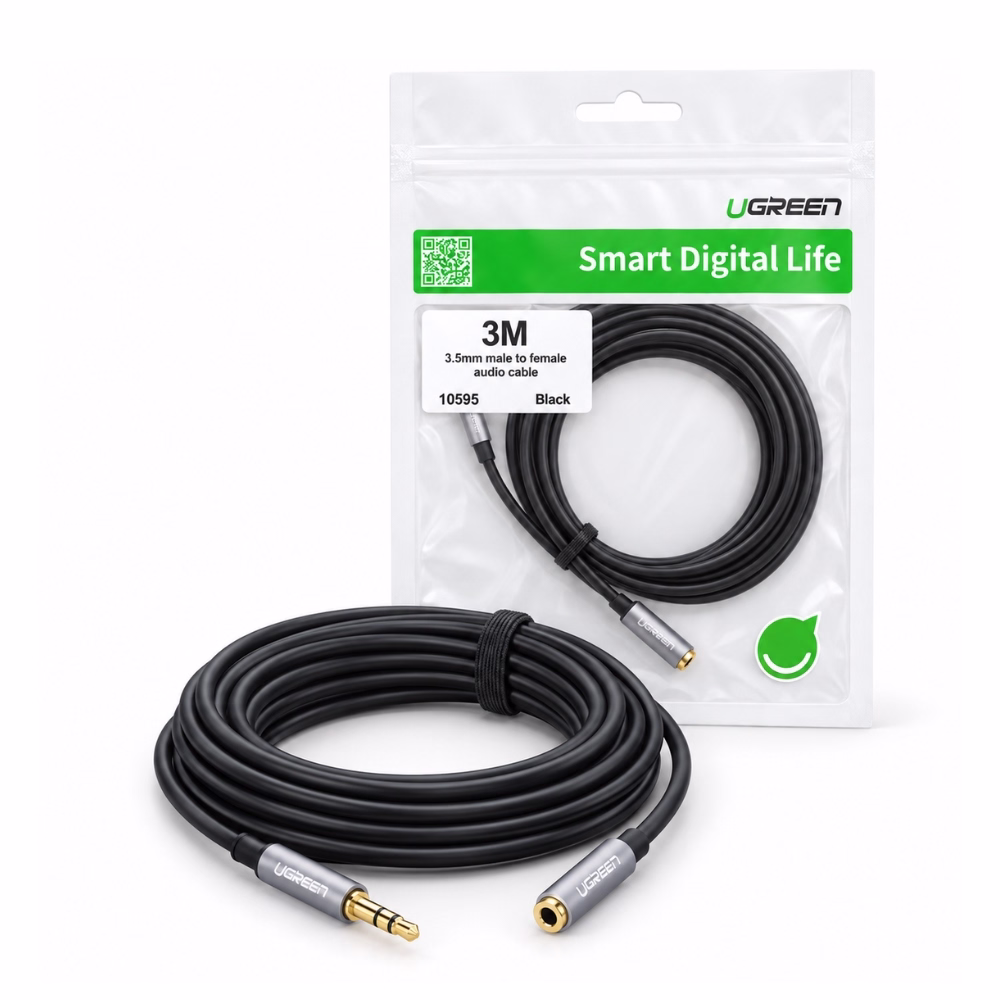 ugreen-10595-aux-extension-1 สายต่อความยาวหูฟัง AUX 3.5 มม. UGREEN รุ่น 10595 ยาว 3 เมตร ตัวผู้-ตัวเมีย หัวชุบทอง วางคู่กับซองบรรจุภัณฑ์ ร้านเควีซี คอมพิวเตอร์