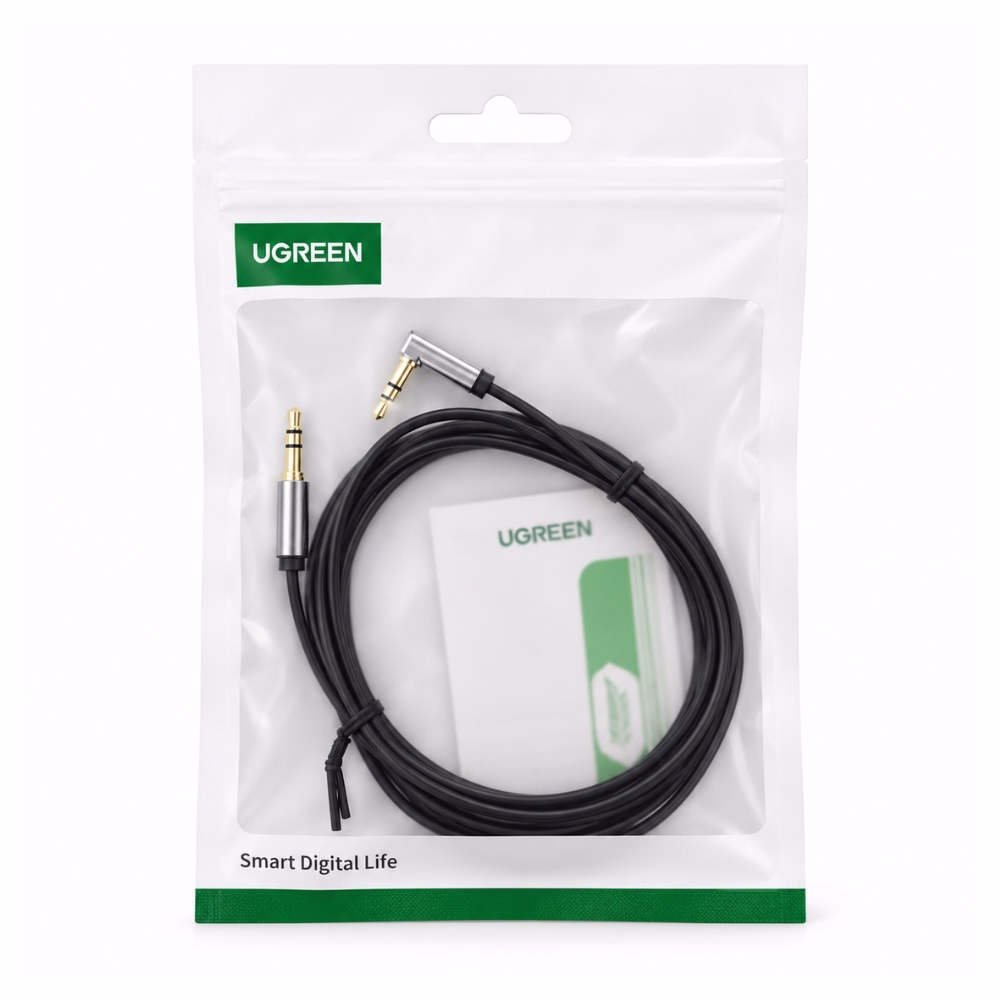 ugreen-10599-aux-right-angle-1 สาย AUX 3.5 มม. UGREEN รุ่น 10599 AV119 ยาว 2 เมตร หัวงอ 90 องศา สายแบน ในซองบรรจุภัณฑ์ ร้านเควีซี คอมพิวเตอร์