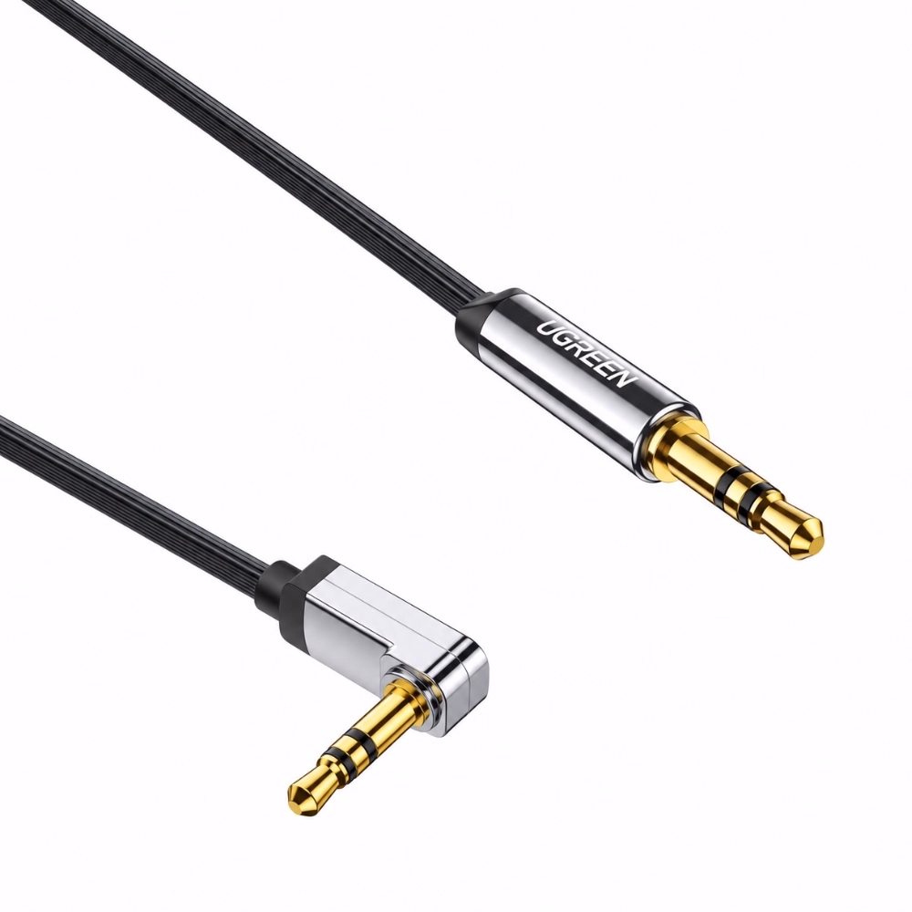 หัวต่อสาย AUX 3.5 มม. UGREEN 10599 แบบหัวตรงและหัวงอ 90 องศา ปลั๊กชุบทอง บอดี้โลหะเงา สายแบนกันพัน