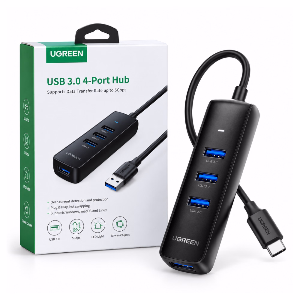 ugreen-10915-4port-hub-black-1 ฮับ USB 3.0 UGREEN รุ่น 10915 ขนาด 4 พอร์ต สีดำ ทรงสลิม ความเร็ว 5Gbps พร้อมไฟ LED วางคู่กับกล่องบรรจุภัณฑ์ ร้านเควีซี คอมพิวเตอร์