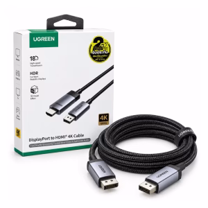 สายแปลง DisplayPort to HDMI UGREEN รุ่น 15774 ยาว 2 เมตร สายถักไนลอน รองรับ 4K 60Hz และ HDR วางคู่กับกล่องบรรจุภัณฑ์ ร้านเควีซี คอมพิวเตอร์