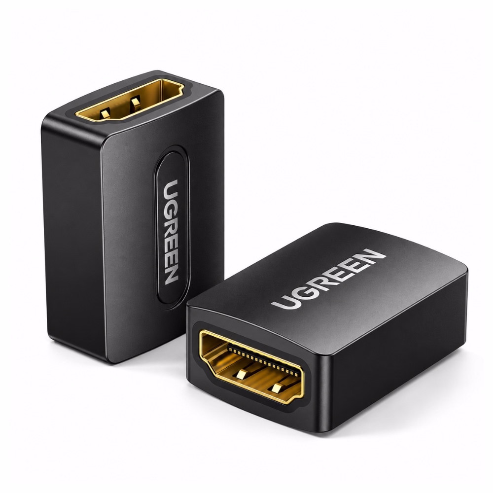 ข้อต่อ HDMI ตัวเมียสองด้าน UGREEN รุ่น 20107 มุมมองสามมิติ โชว์พอร์ต HDMI ชุบทองและบอดี้สีดำสกรีนโลโก้ UGREEN