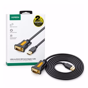 สายแปลง USB เป็น RS232 DB9 UGREEN รุ่น 20222 สีดำ หัวชุบทอง วางคู่กับกล่องบรรจุภัณฑ์ ร้านเควีซี คอมพิวเตอร์