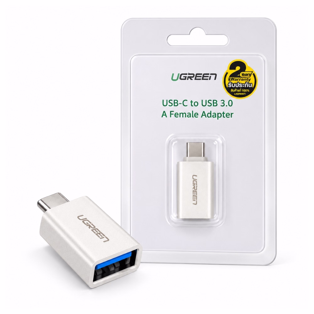 ugreen-30155-type-c-to-usb3-adapter-1 หัวแปลง Type-C เป็น USB 3.0 ตัวเมีย UGREEN รุ่น 30155 สีเงิน อะลูมิเนียม วางคู่กับแผงแพ็กเกจ ร้านเควีซี คอมพิวเตอร์