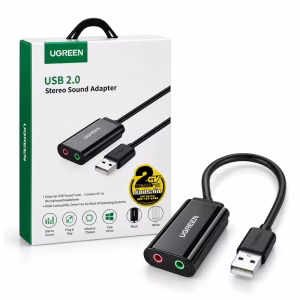 ซาวด์การ์ดภายนอก USB to Audio 3.5 มม. UGREEN รุ่น 30724 สีดำ แยกช่องหูฟังและไมโครโฟน วางคู่กับกล่องบรรจุภัณฑ์ ร้านเควีซี คอมพิวเตอร์