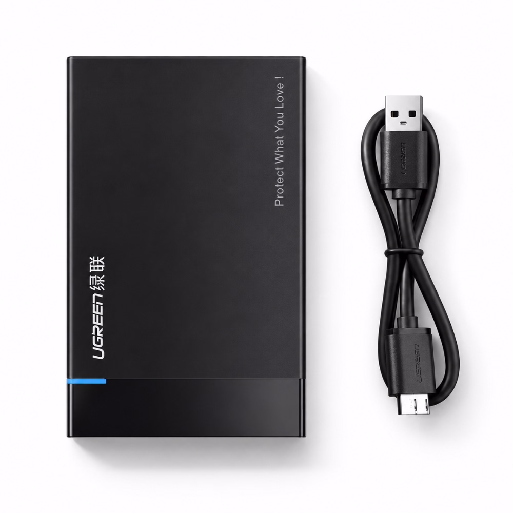 กล่องฮาร์ดดิสก์ 2.5 นิ้ว UGREEN 30847 สีดำ วางคู่กับสายดาต้า USB 3.0 Type-A to Micro-B ร้านเควีซี คอมพิวเตอร์