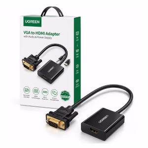 ugreen-50945-vga-to-hdmi-adapter-1 ตัวแปลง VGA เป็น HDMI UGREEN รุ่น 50945 สีดำ ความละเอียด 1080P Full HD พร้อมช่องต่อเสียงและไฟเลี้ยง วางคู่กับกล่องบรรจุภัณฑ์ ร้านเควีซี คอมพิวเตอร์