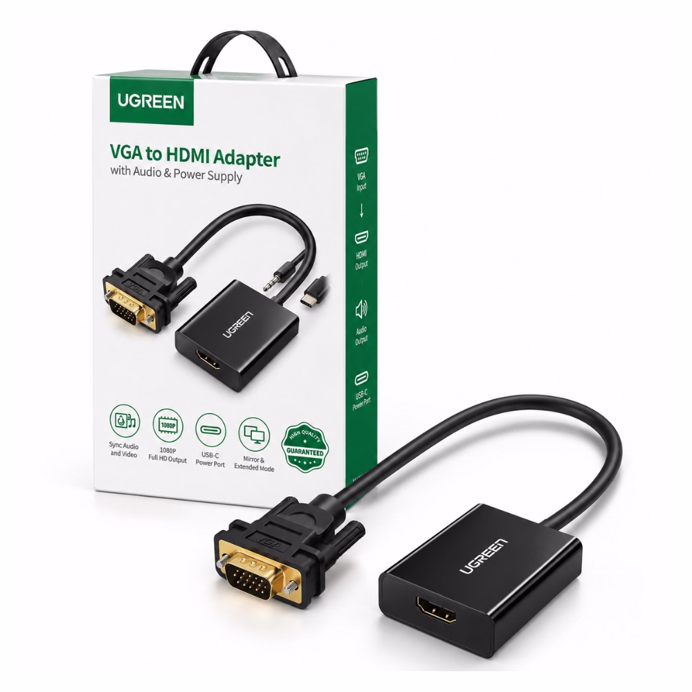 ตัวแปลง VGA เป็น HDMI UGREEN รุ่น 50945 สีดำ ความละเอียด 1080P Full HD พร้อมช่องต่อเสียงและไฟเลี้ยง วางคู่กับกล่องบรรจุภัณฑ์ ร้านเควีซี คอมพิวเตอร์