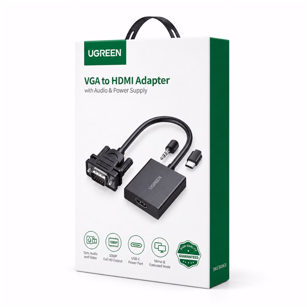 กล่องบรรจุภัณฑ์ตัวแปลง VGA to HDMI Adapter UGREEN รุ่น 50945 ด้านหน้าตรง แสดงสเปก 1080P Full HD พอร์ต USB-C และ Sync Audio and Video