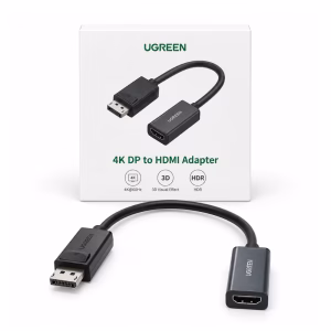 ตัวแปลง DisplayPort เป็น HDMI ตัวเมีย UGREEN รุ่น 70694 สีดำ รองรับ 4K 60Hz 3D HDR วางคู่กับกล่องบรรจุภัณฑ์ ร้านเควีซี คอมพิวเตอร์
