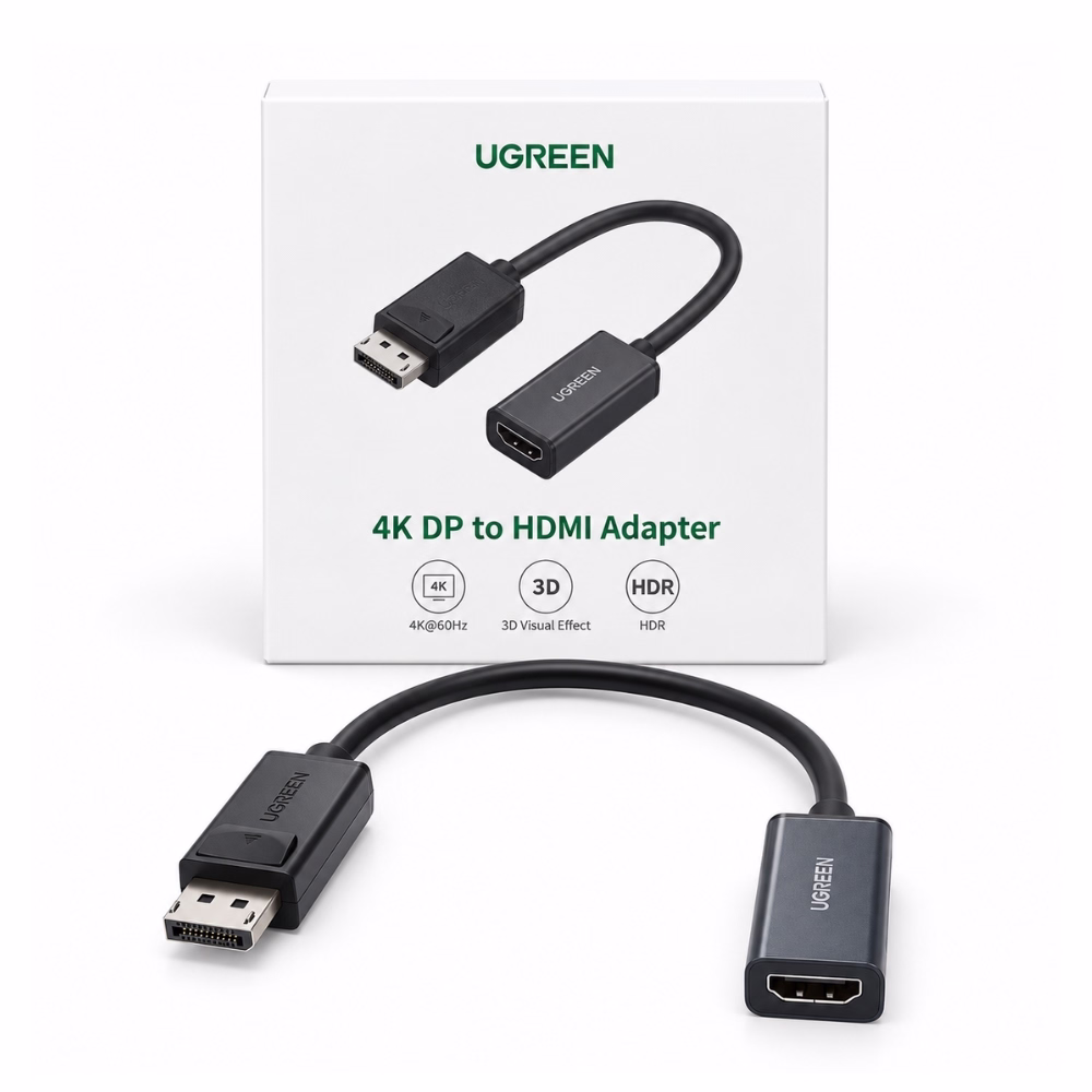 ตัวแปลง DisplayPort เป็น HDMI ตัวเมีย UGREEN รุ่น 70694 สีดำ รองรับ 4K 60Hz 3D HDR วางคู่กับกล่องบรรจุภัณฑ์ ร้านเควีซี คอมพิวเตอร์