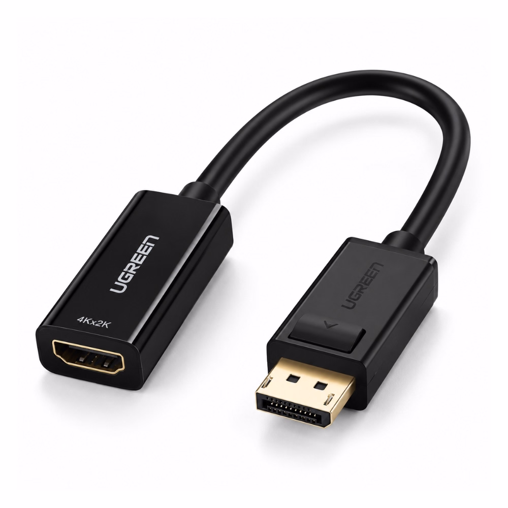 ตัวแปลง DP to HDMI ตัวเมีย UGREEN รุ่น 70694 สีดำ มุมมองสามมิติ โชว์พอร์ต HDMI 4Kx2K เคลือบทอง และหัวต่อ DP พร้อมสลักล็อก